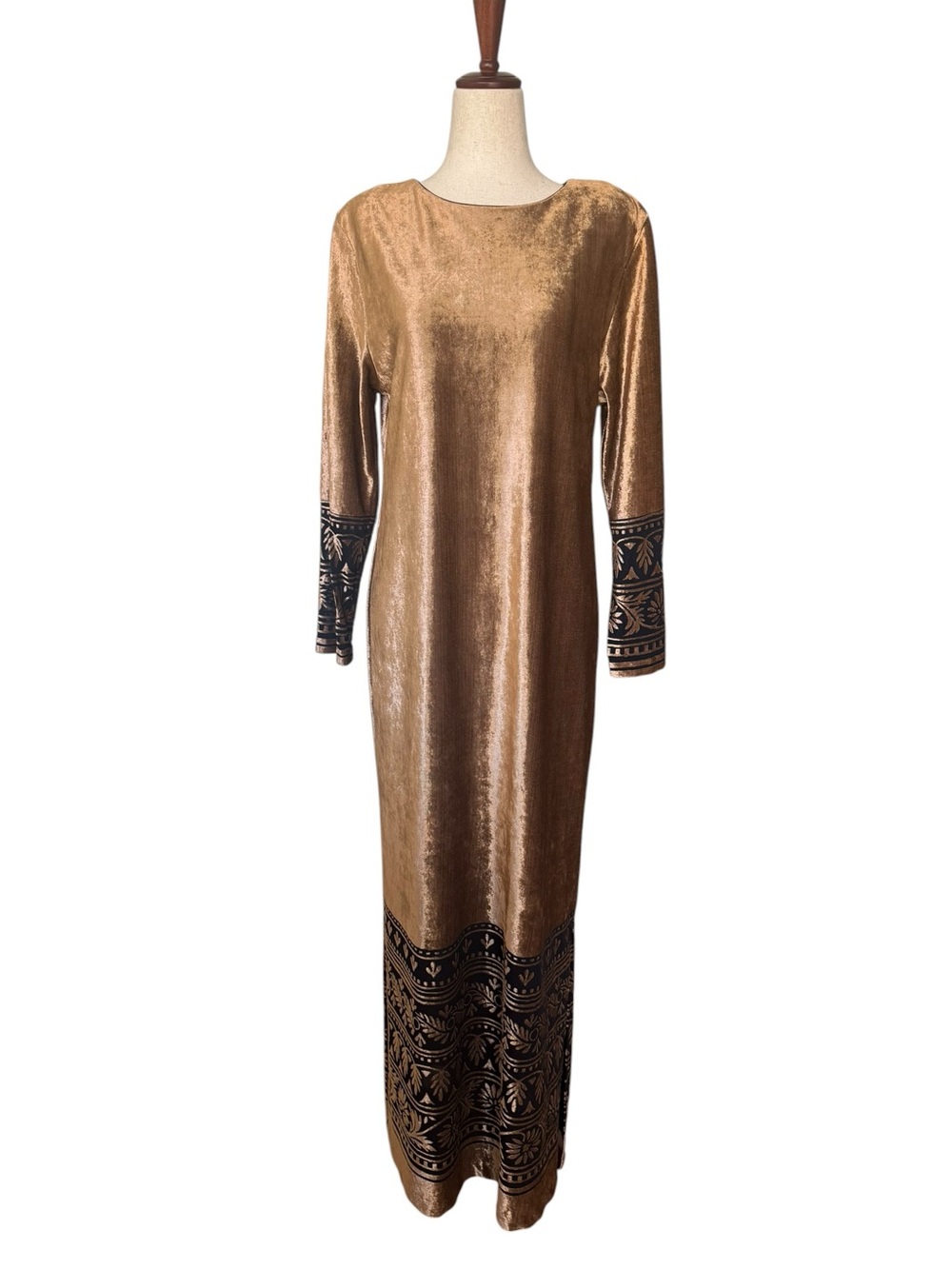 Vintage 80s Ruth Norman Gold Burnout Panne Velvet Long Sleeve Maxi Dress Gown S